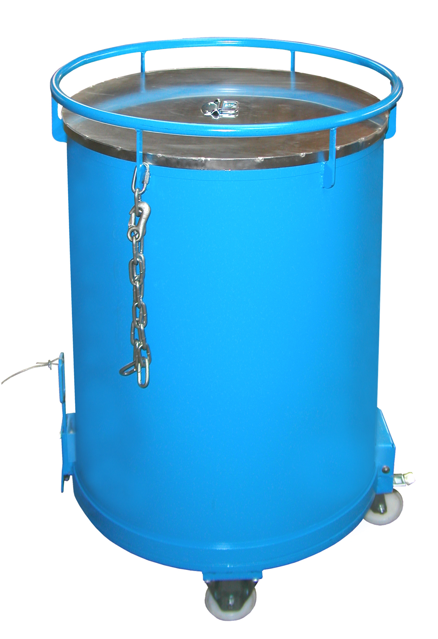 Rundbehälter Typ RB RAL 5012 Lichtblau mit Deckel und Rollen (Zubehör)